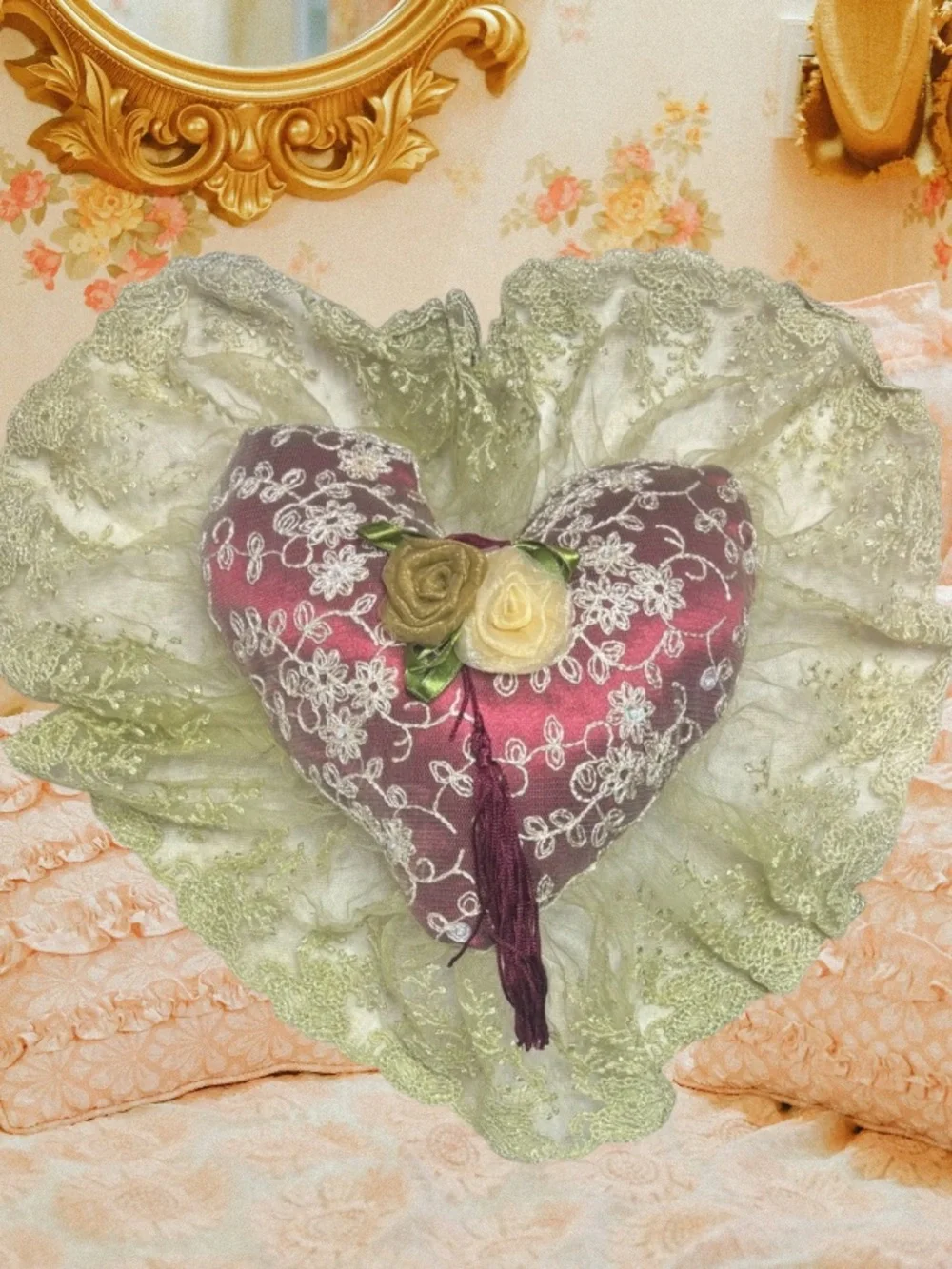 Victorian “French Lovers” Handmade Lace Heart Pillow Vintage Cottage Core Décor